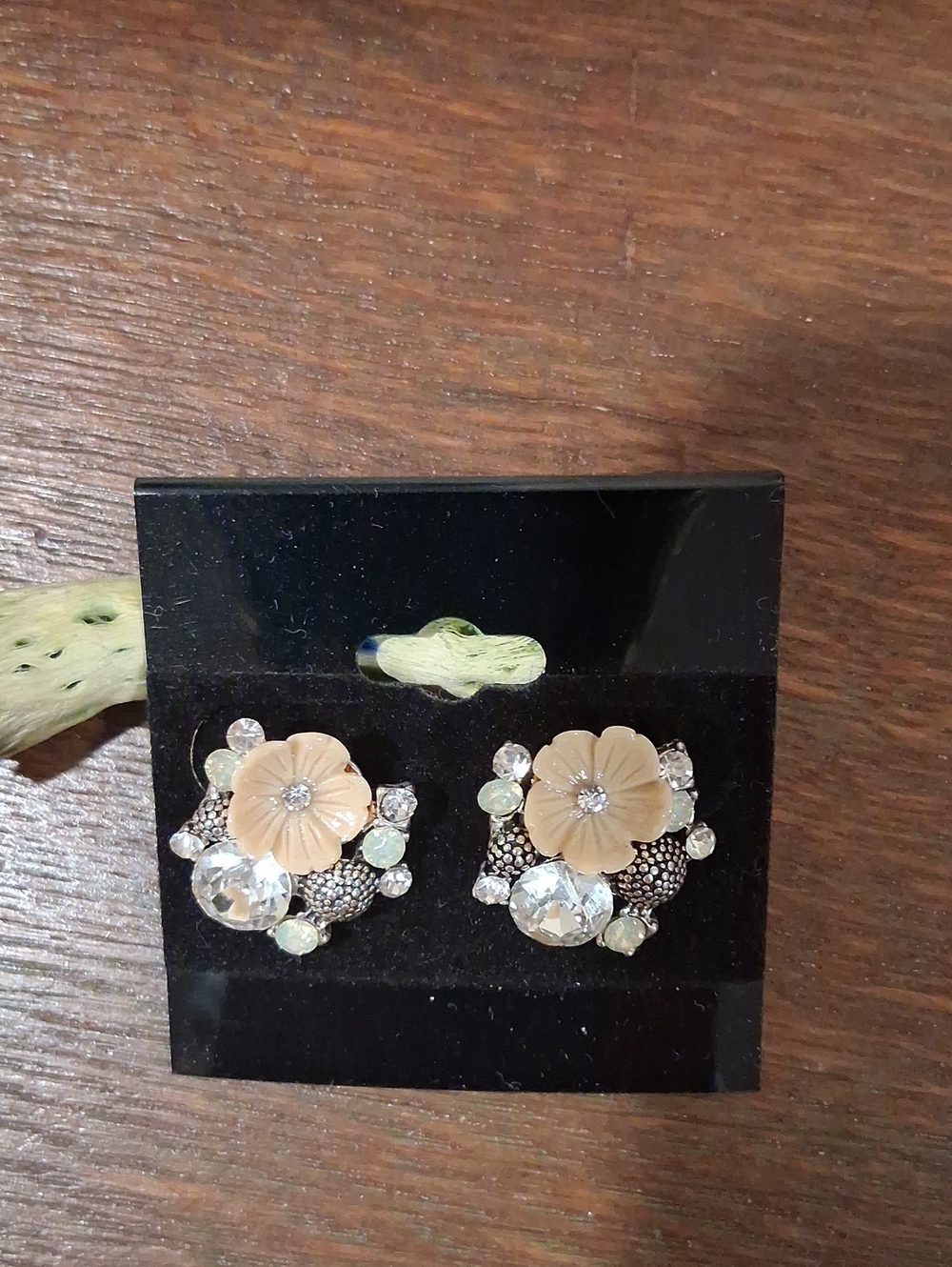 Peach Floral Crystal Cluster Stud Earrings — Sparkling Accent